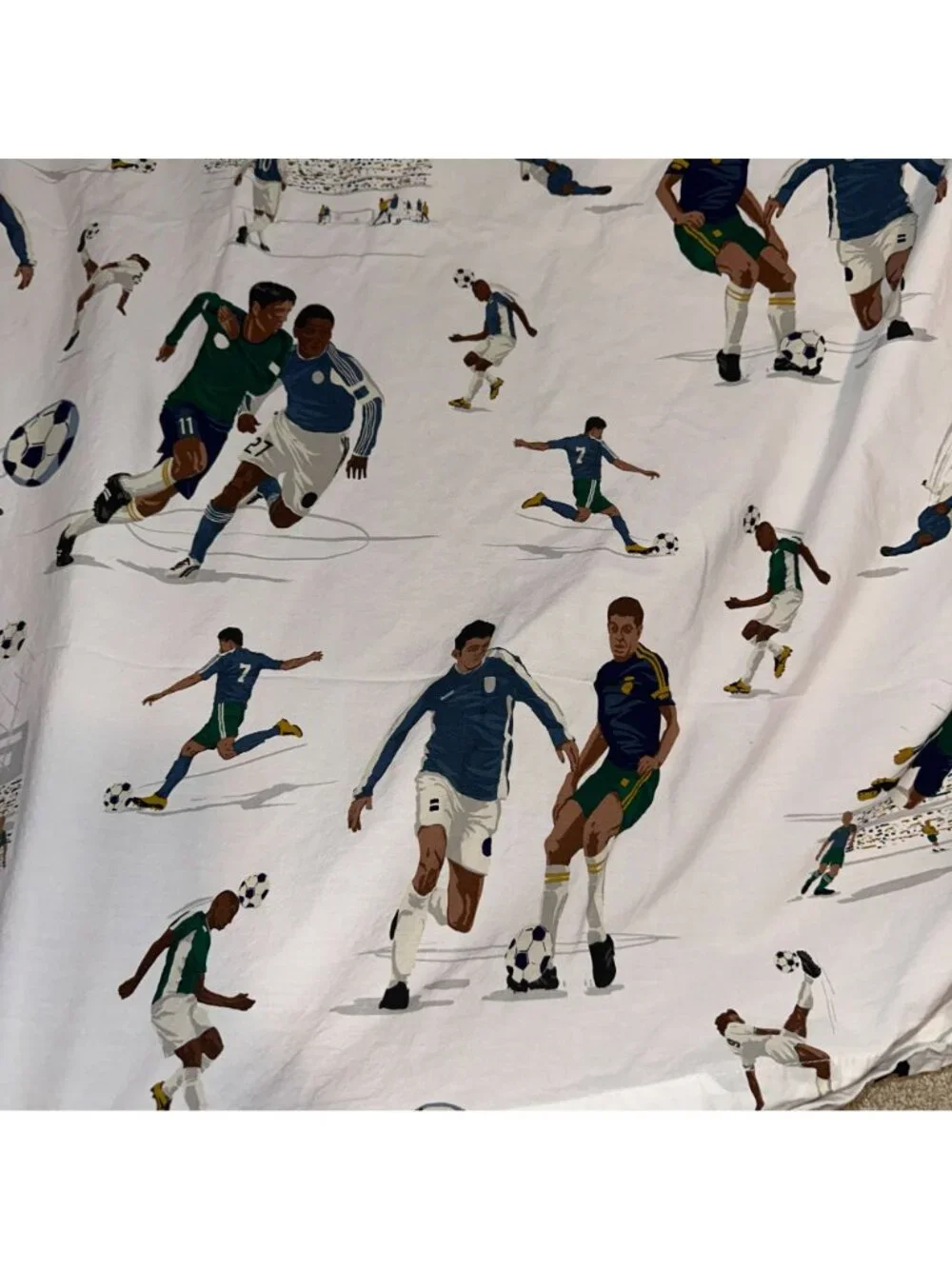 Pottery Barn Kids Full Size Flat Sheet Soccer Futbol Boys Sports Bedding Blue